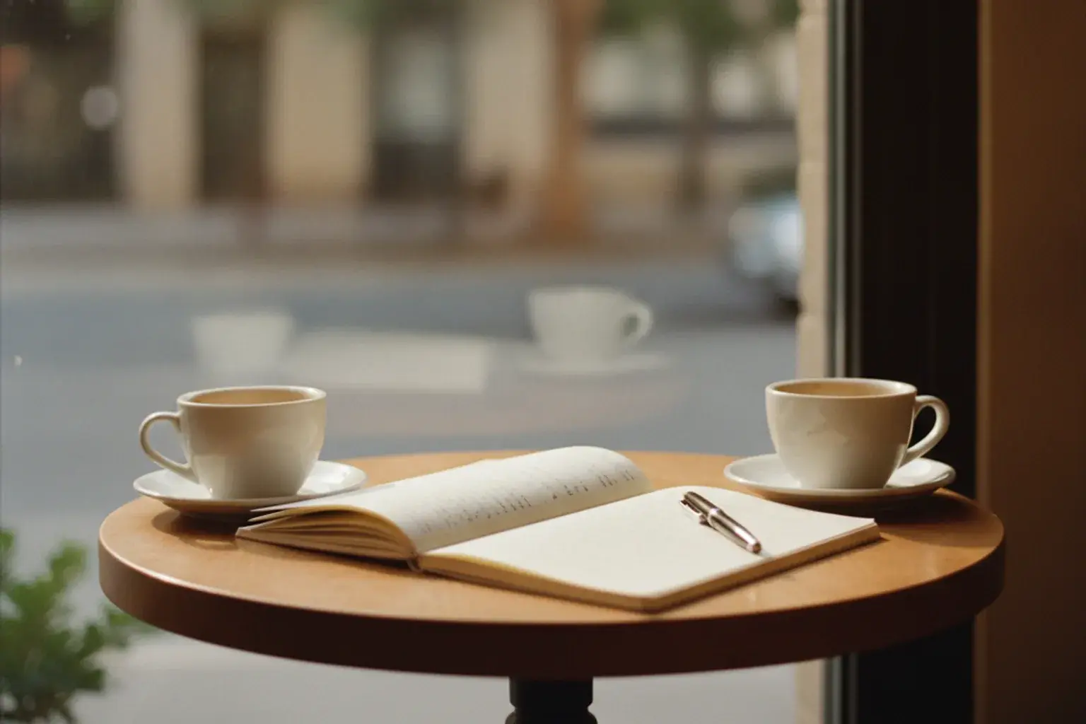 Zwei Kaffeetassen und ein aufgeschlagenes Notizbuch mit unlesbaren Notizen stehen auf einem Cafétisch am Fenster