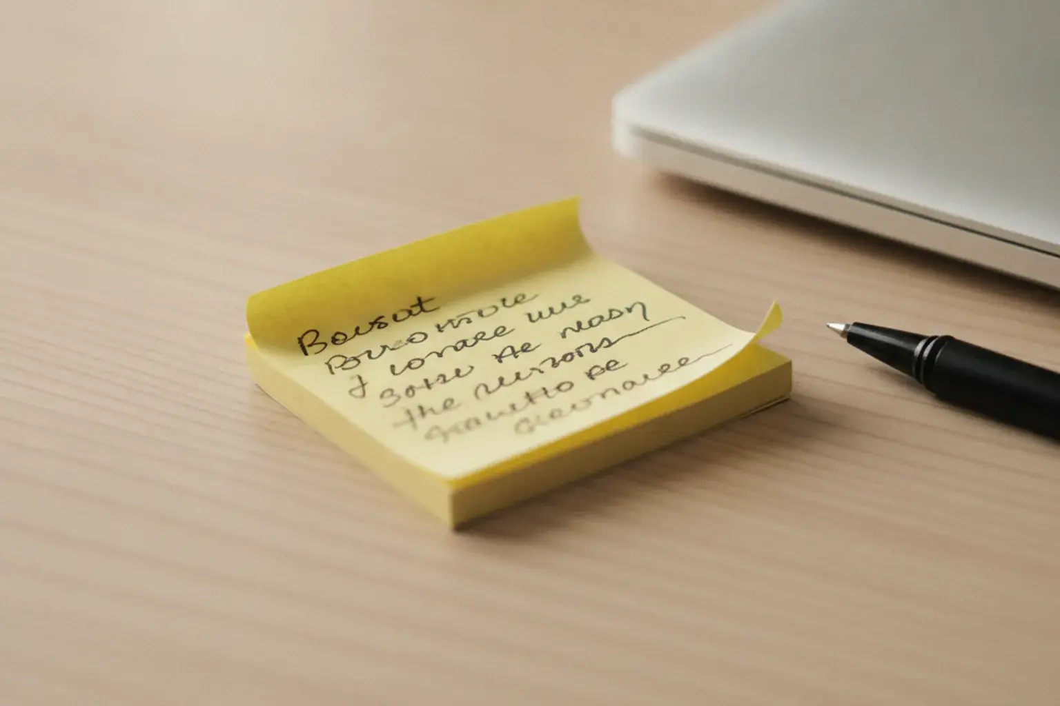 Ein handschriftlich beschriebener Notizzettel mit unlesbarem Text liegt neben einem Laptop auf einem Schreibtisch