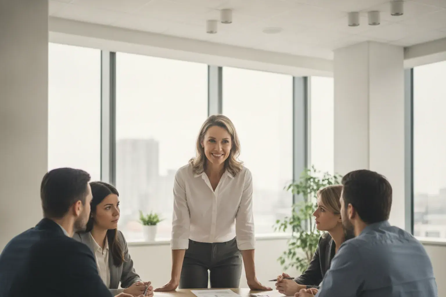 Eine Führungsperson steht ruhig und zugewandt bei einer herausfordernden Teambesprechung