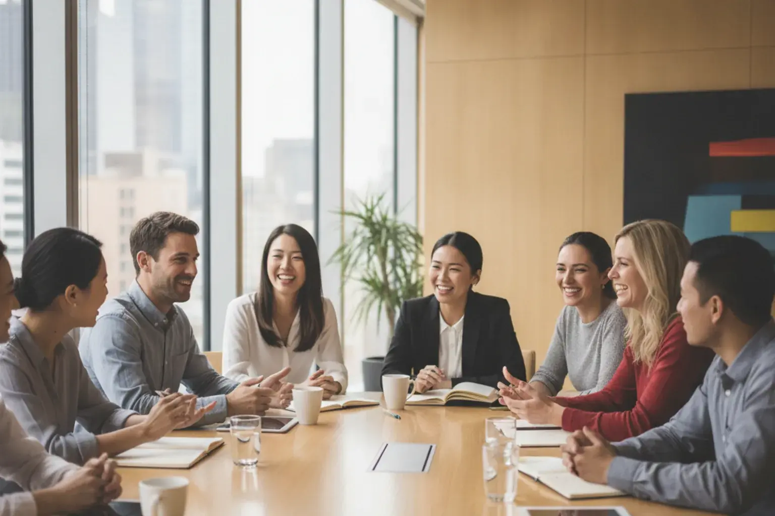 Ein diverses Team führt ein engagiertes Gespräch mit sichtbarem Gemeinschaftsgefühl