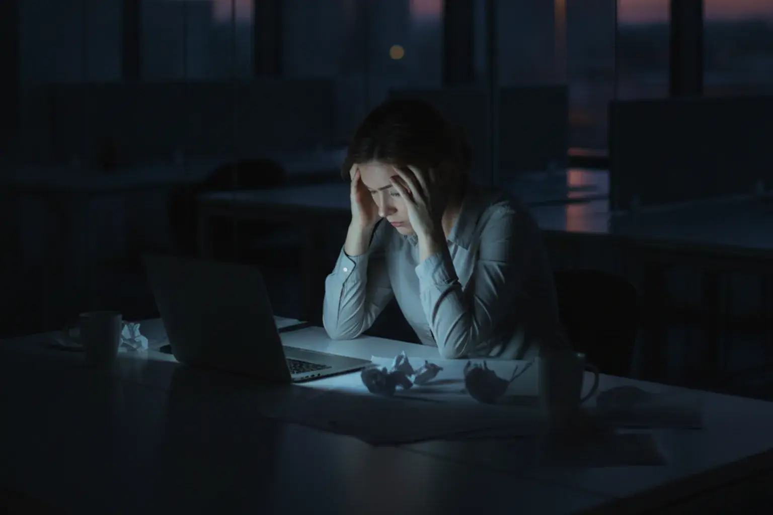 Eine erschöpfte Person reibt sich am Schreibtisch abends die Schläfen