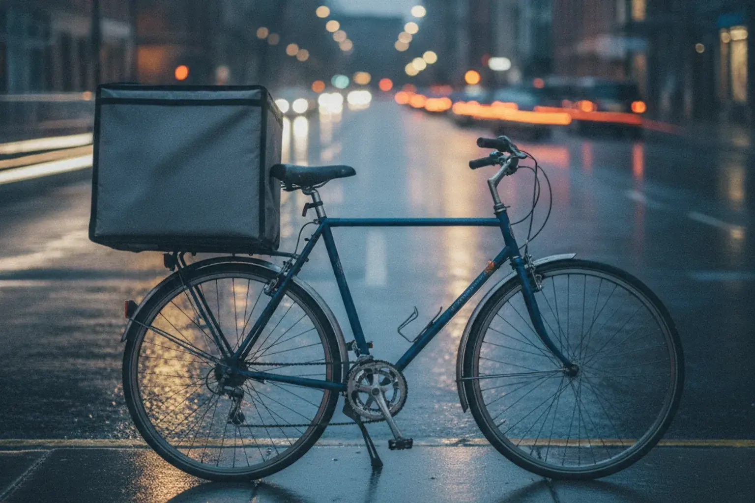 Ein Fahrrad mit großer Transportbox am Gepäckträger steht abends an einem nassen Bordstein in einer Stadt