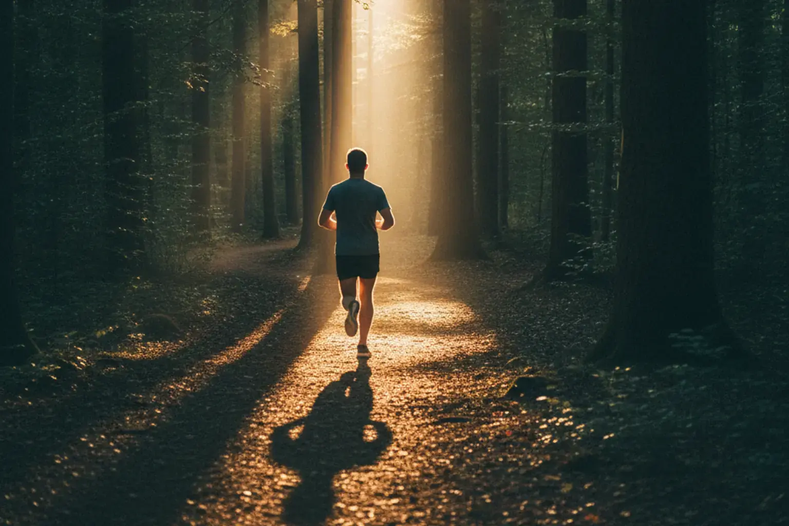 Läufer auf einer Waldstrecke bei Sonnenaufgang, von hinten gesehen, zügiges Tempo