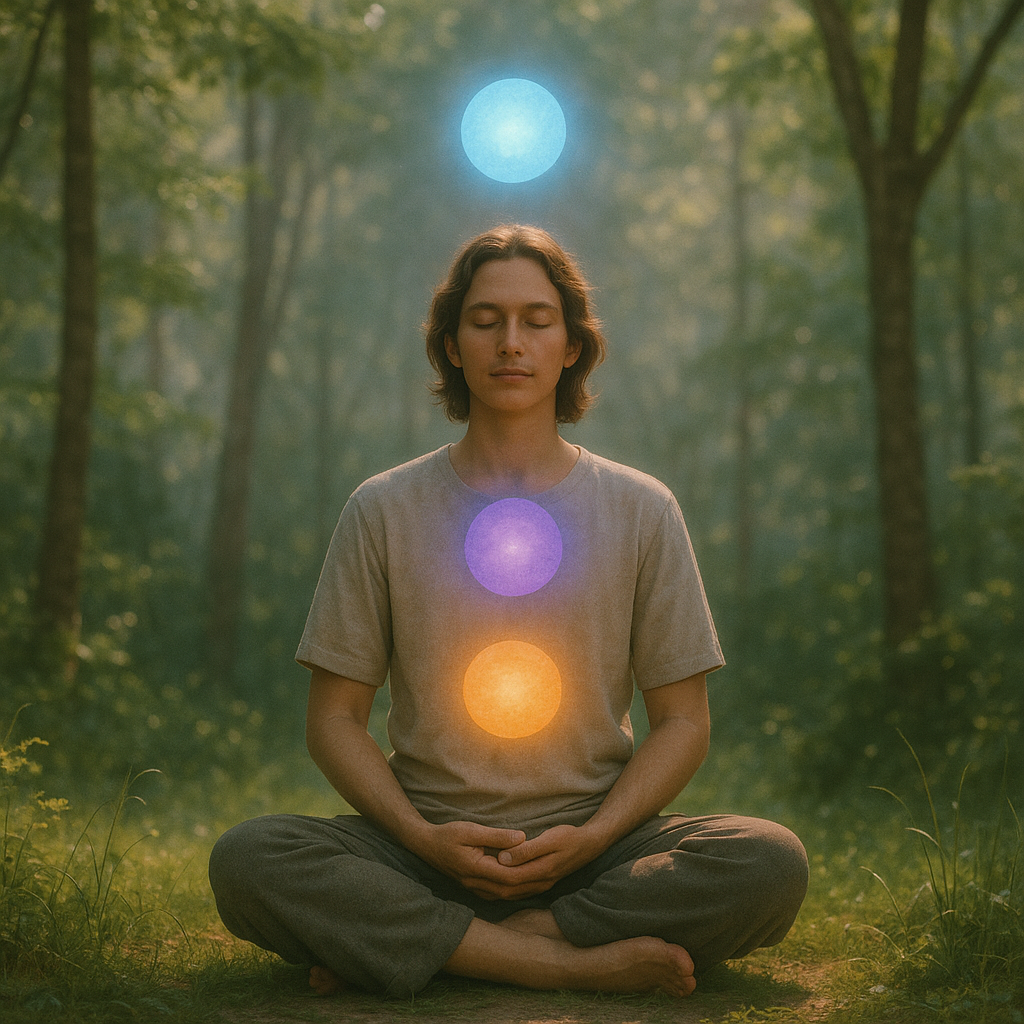 Person in Meditation umgeben von drei leuchtenden Sphären – Verstehbarkeit, Handhabbarkeit, Bedeutsamkeit