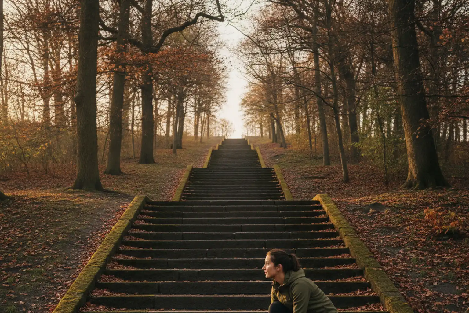 Frau bindet am Fuß einer langen Steintreppe im herbstlichen Park ihre Laufschuhe und blickt die Stufen hinauf