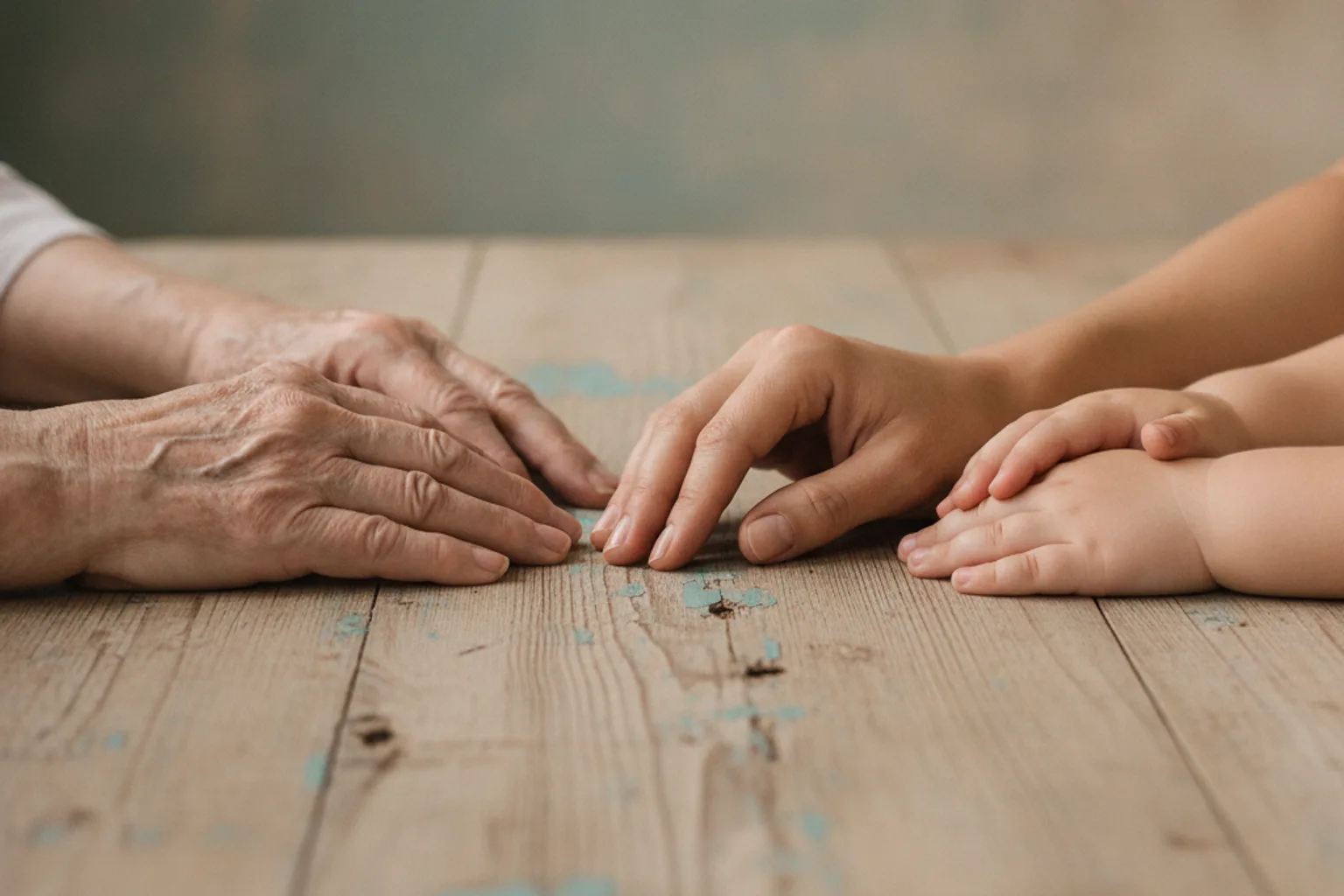 Hände dreier Generationen nebeneinander auf einem Holztisch: eine alte Frauenhand, eine erwachsene Hand und Kinderhände