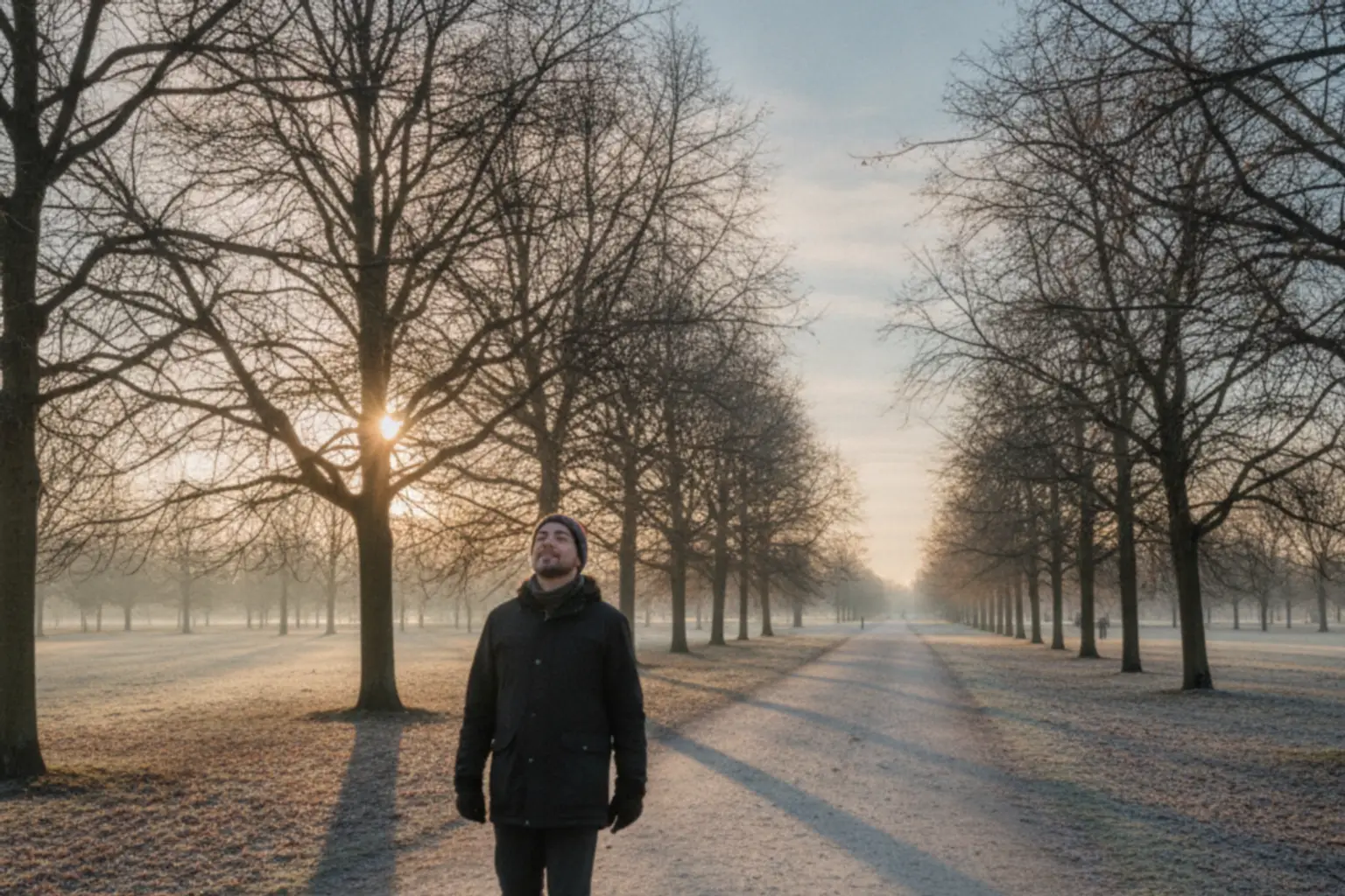Mann geht bei tiefstehender Morgensonne über einen Parkweg, die kahlen Bäume werfen lange Schatten