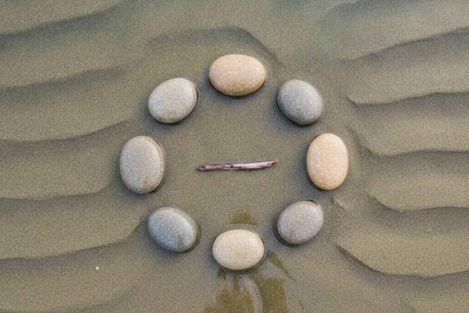 Acht Kieselsteine liegen im Kreis auf feuchtem Sand, in der Mitte ein kleines Stück Treibholz