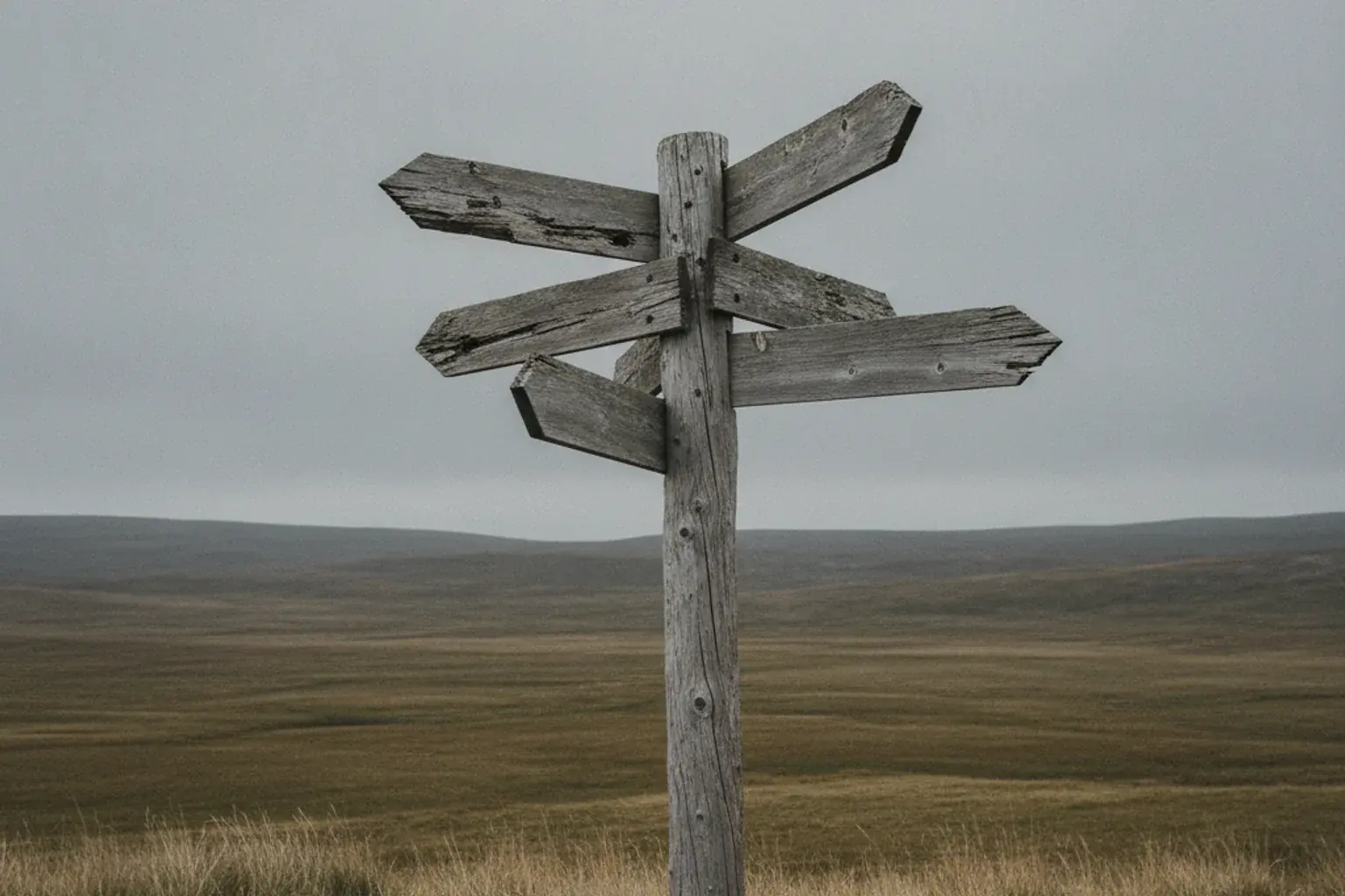 Ein Wanderwegweiser aus Holz mit mehreren Armen, die in verschiedene Richtungen zeigen, vor grauem Himmel