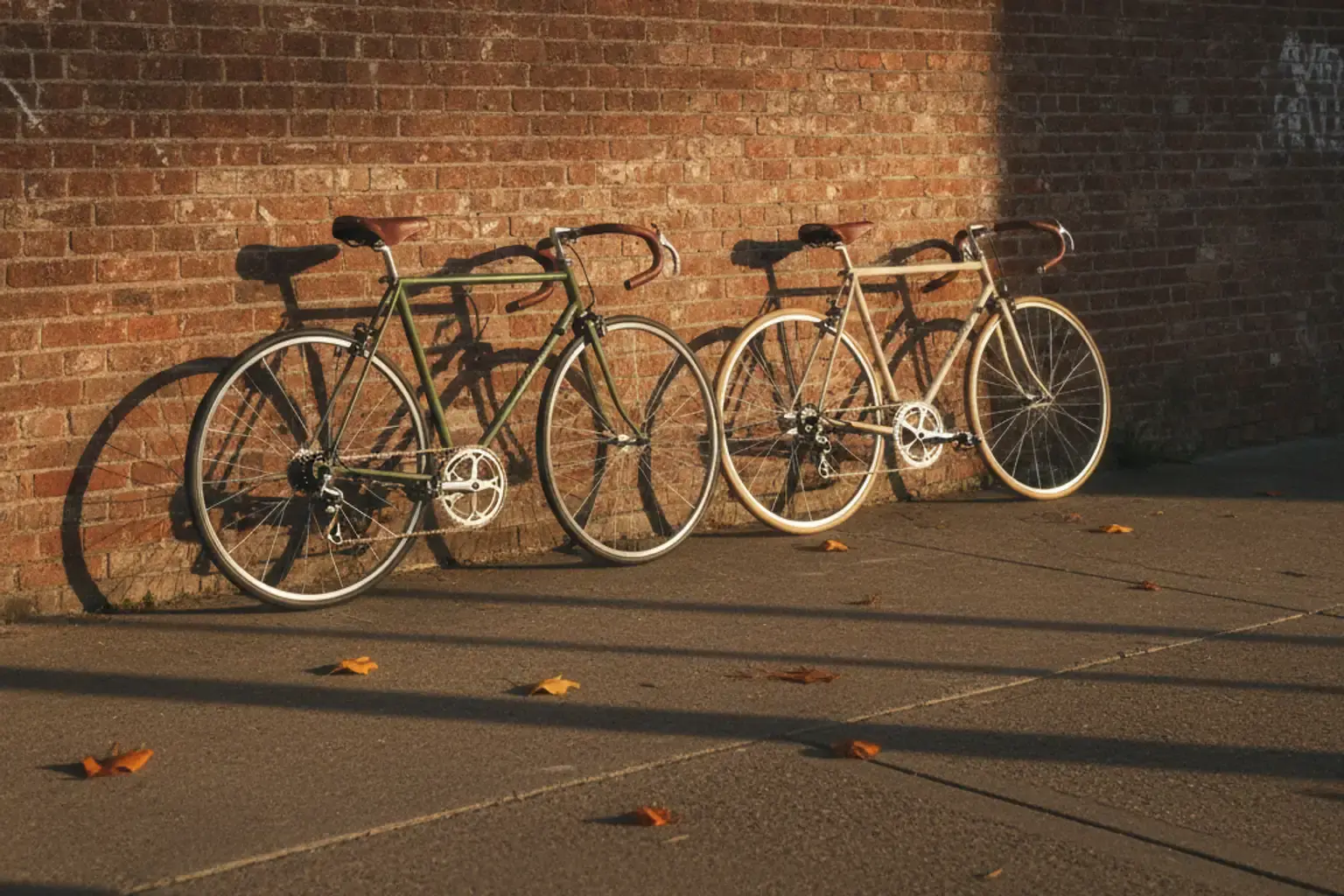 Zwei Fahrräder lehnen nebeneinander an einer Mauer an einem sonnigen Nachmittag