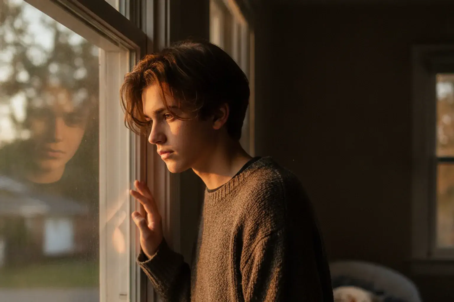 Ein Teenager blickt nachdenklich im Abendlicht aus dem Fenster