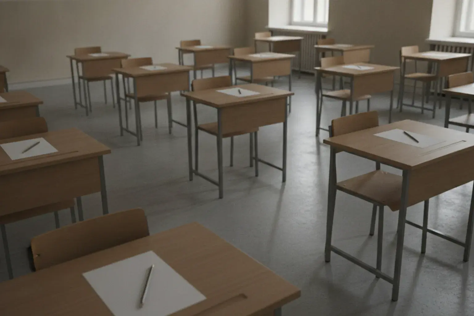 Ein leeres Klassenzimmer mit einzeln gestellten Tischen, auf jedem liegt ein Blatt Papier und ein Stift
