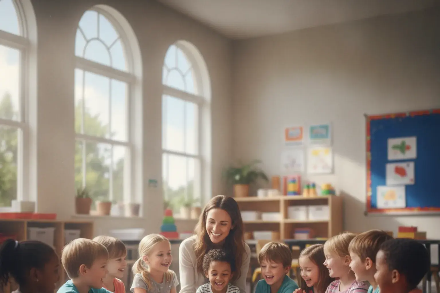 Grundschulkinder sitzen mit ihrer Lehrerin im Stuhlkreis, sichtlich engagiert