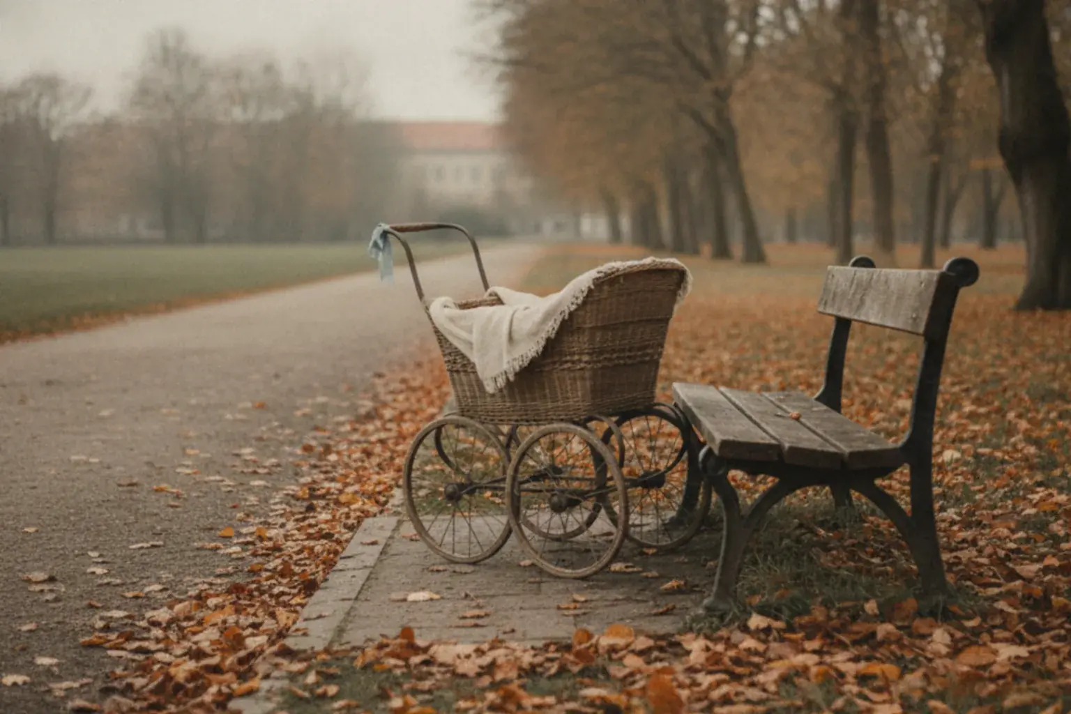 Ein leerer Kinderwagen steht neben einer Parkbank an einem Weg