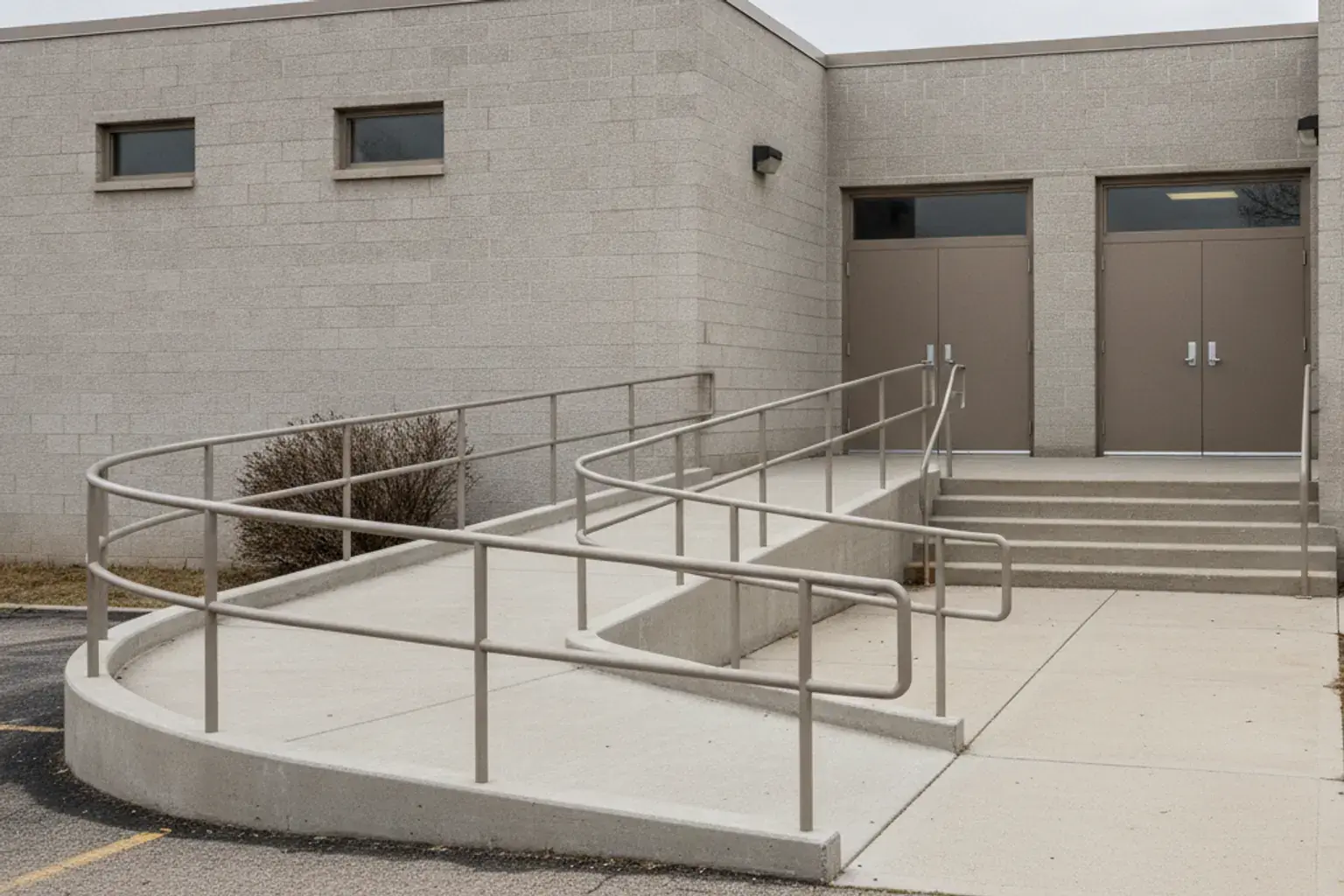 Eine Rampe neben einer Treppe am Eingang eines Schulgebäudes