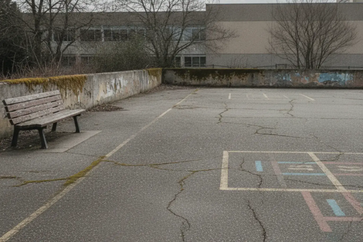 Ein leerer Schulhof mit aufgemalten Spielfeldlinien auf dem Asphalt und einer Bank am Rand