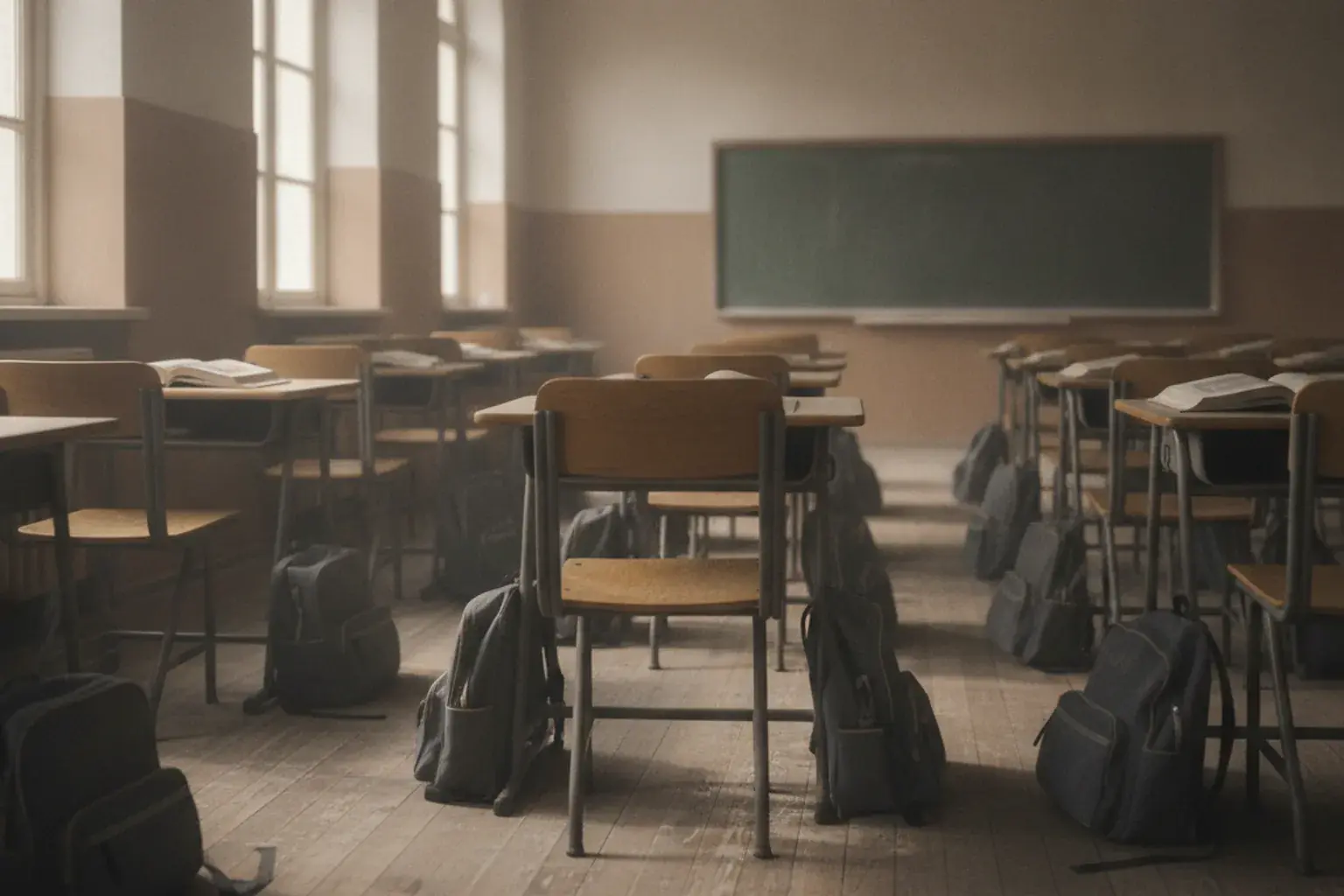Ein leerer Stuhl an einem Schulpult in einer sonst besetzten Sitzreihe eines Klassenzimmers