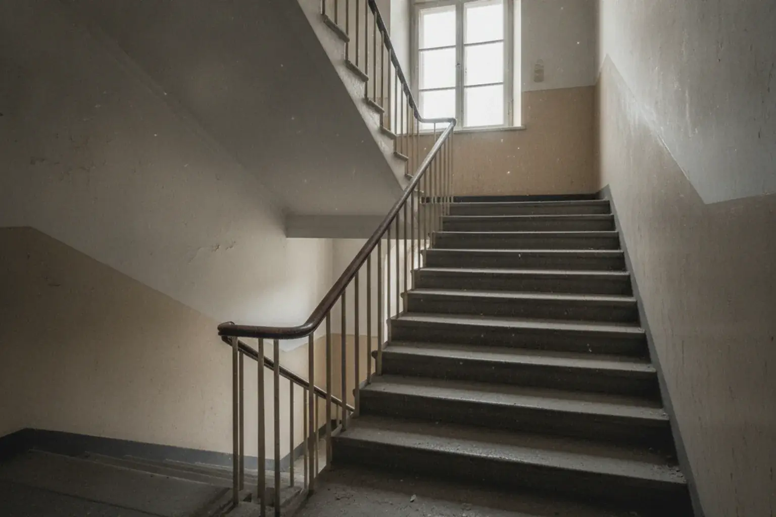 Ein leeres Treppenhaus in einem Schulgebäude mit Handlauf und Tageslicht von oben