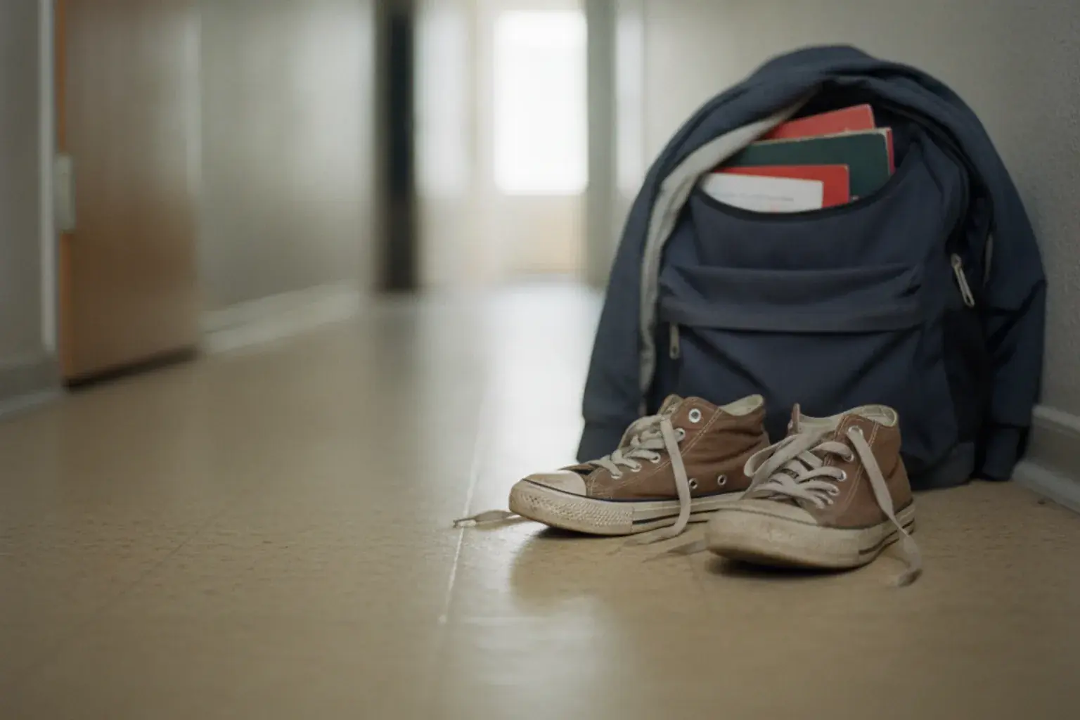 Ein Paar abgetragene Kinderschuhe steht neben einem gefüllten Schulrucksack im Flur einer Wohnung