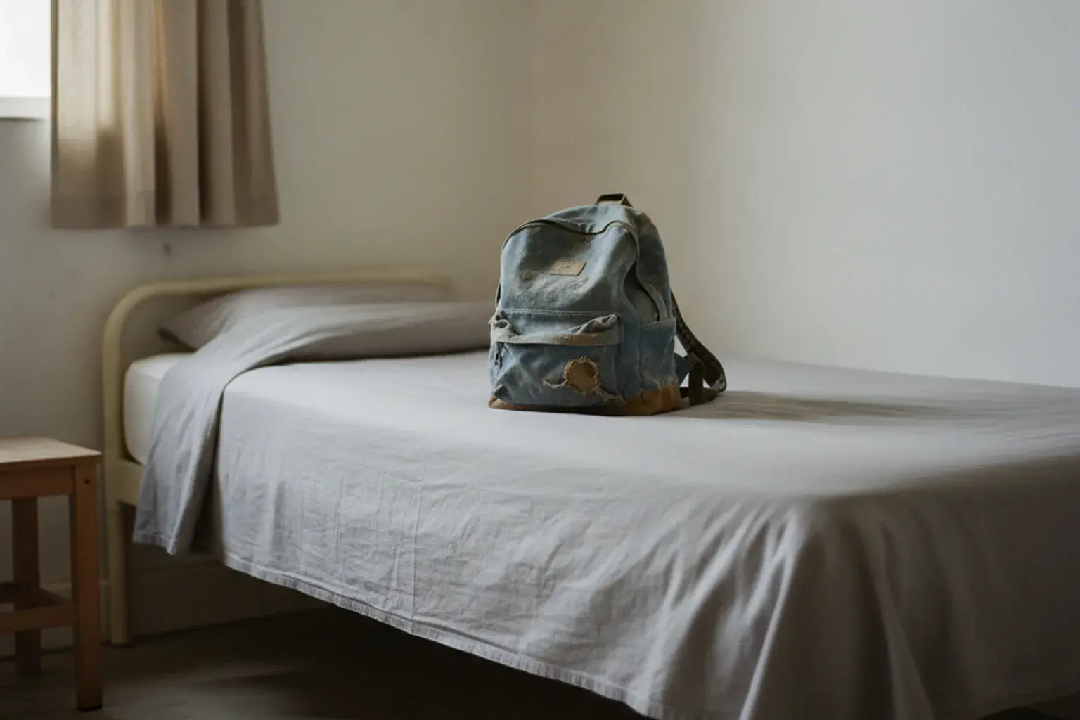 Ein kleiner abgenutzter Rucksack steht auf einem Bett in einem sehr schlicht eingerichteten Zimmer