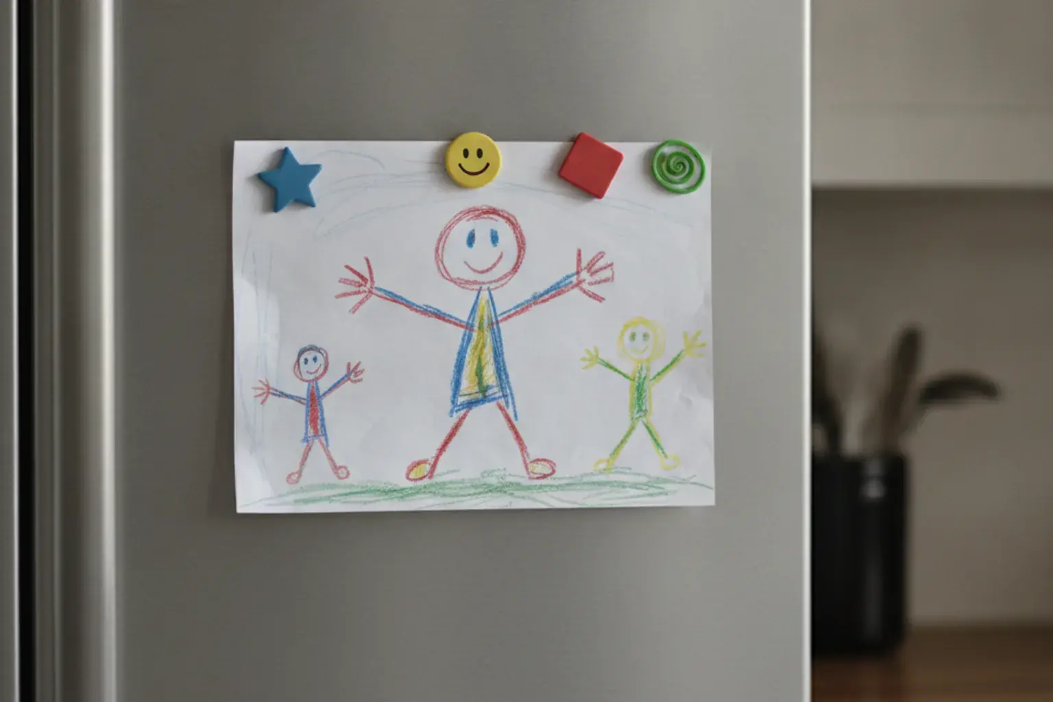 Ein Kinderbild mit gemalten Figuren hängt mit Magneten an einer Kühlschranktür