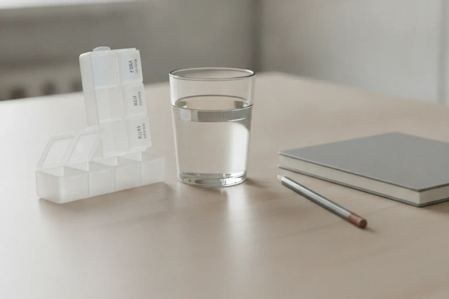 Eine Tablettendosierbox und ein Glas Wasser stehen auf einem Küchentisch neben einem Schulheft
