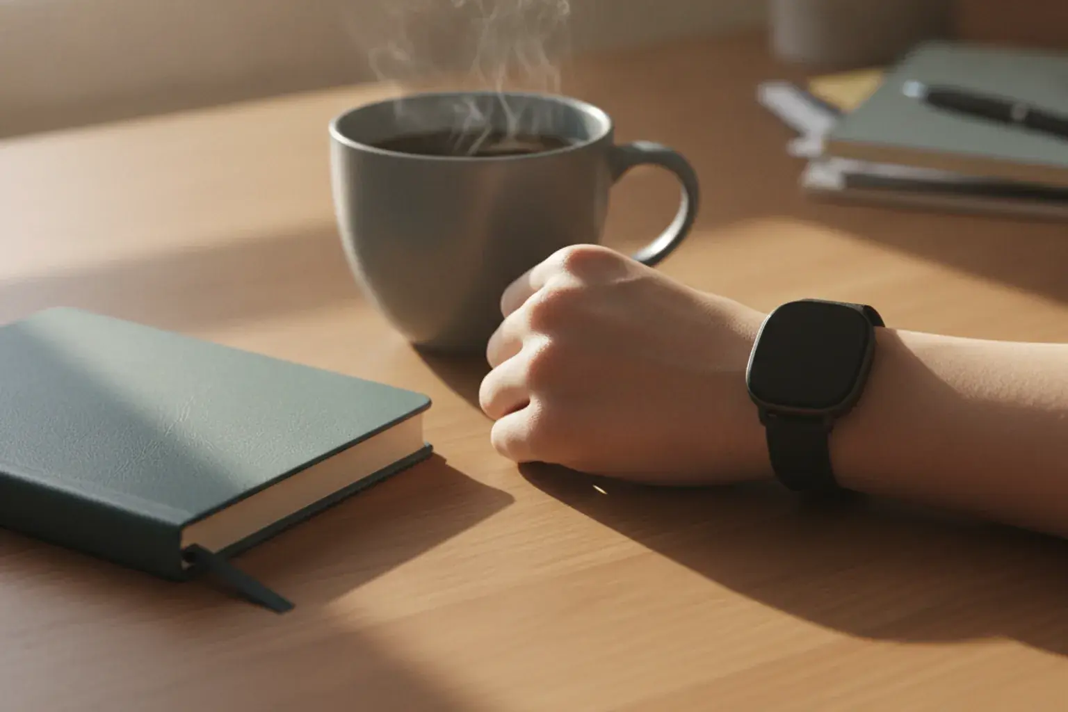 Handgelenk mit Fitnessuhr neben einem Notizbuch und einer Tasse auf einem Schreibtisch am frühen Morgen