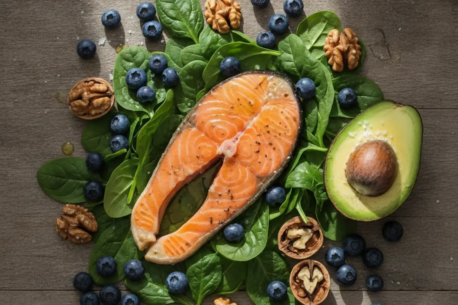 Nüsse, Beeren, Lachs und Blattgemüse liegen appetitlich auf einem Holztisch