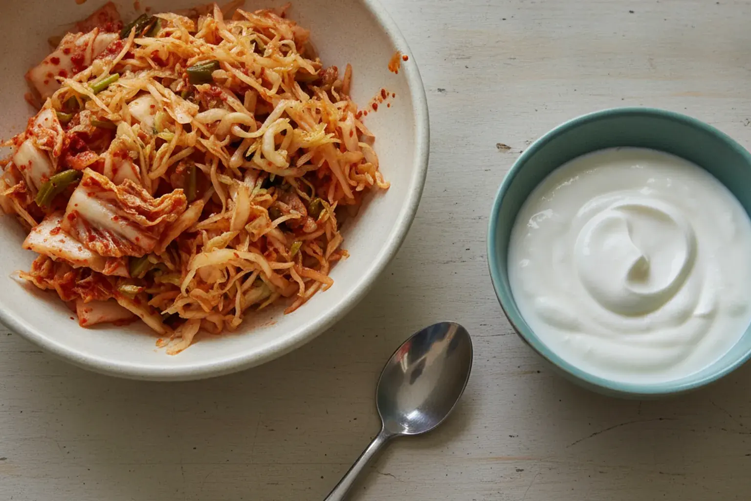 Nahaufnahme einer Schale mit fermentiertem Gemüse und Joghurt auf einem hellen Küchentisch