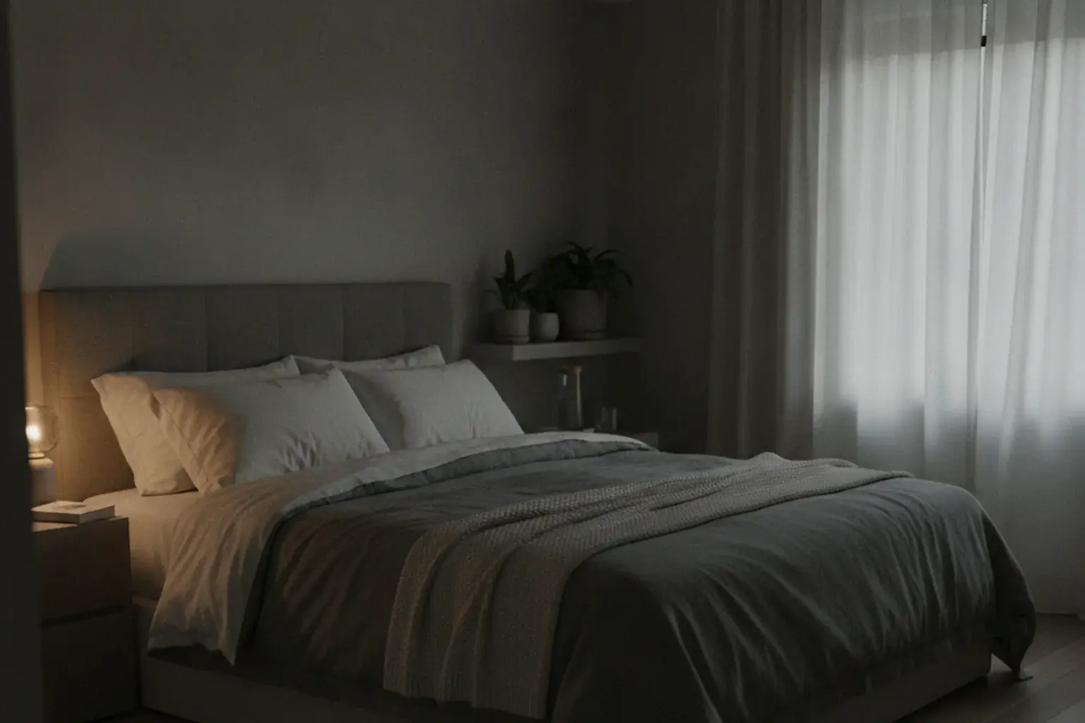 Ein ruhiges Schlafzimmer bei Nacht mit sanftem Mondlicht durch die Vorhänge