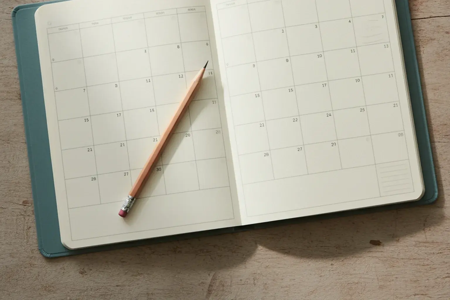Aufgeschlagener Kalender auf einem Schreibtisch, in dem einzelne Tage mit unauffälligen Markierungen versehen sind