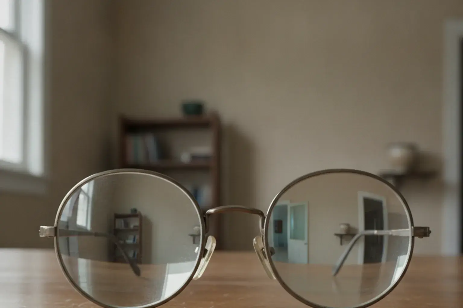 Eine Brille steht auf einem Holztisch, durch ihre Gläser erscheint der Raum dahinter verschoben und anders als daneben