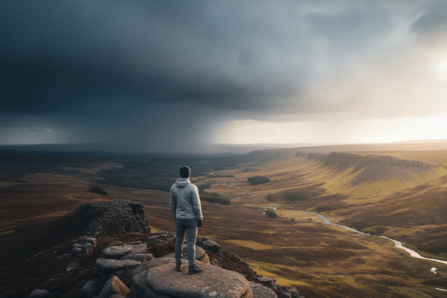 Wanderer steht auf einem Felsgrat und blickt über ein Tal, in dem links eine dunkle Regenfront aufzieht und rechts noch die Sonne steht
