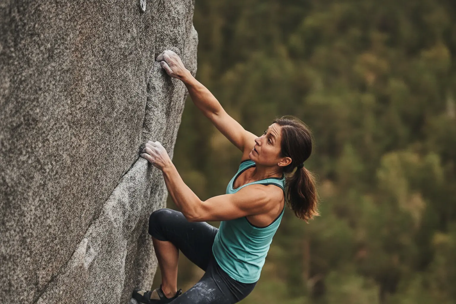Frau klettert konzentriert an einer Granitwand und greift mit eingekreideten Händen nach dem nächsten Griff