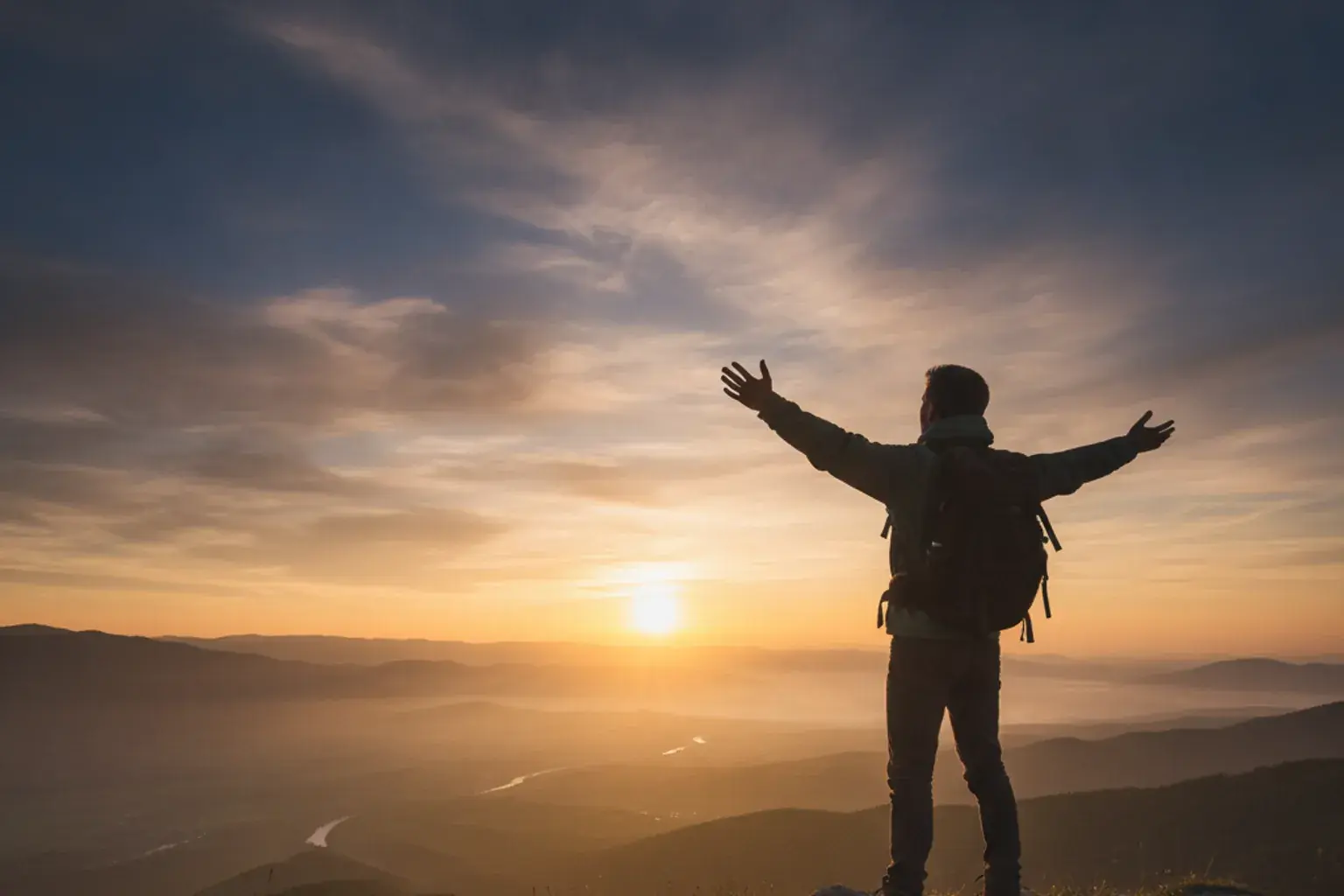 Eine Person steht bei Sonnenaufgang auf einem Hügel und blickt hoffnungsvoll zum Horizont