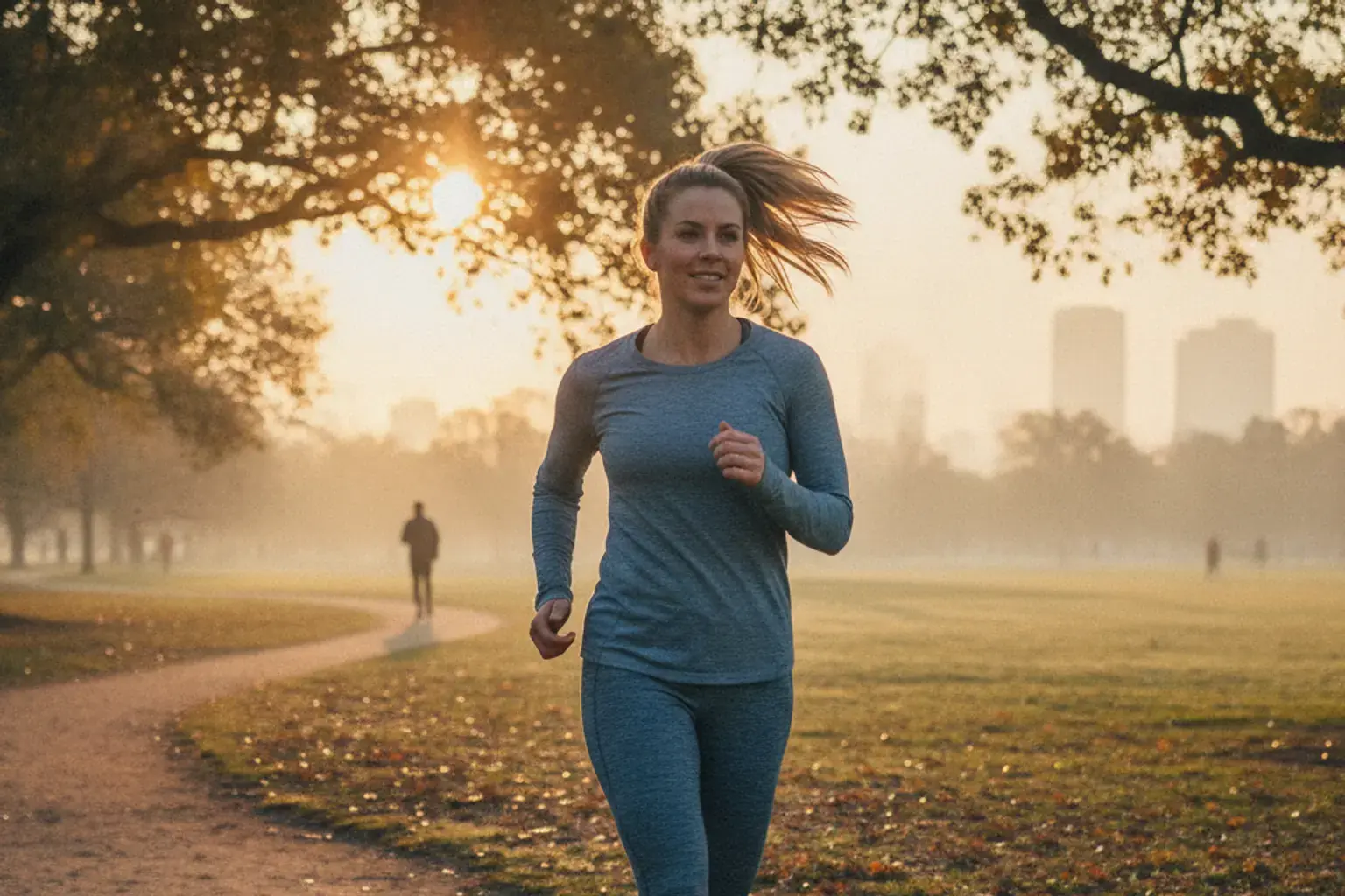 Eine Person joggt entschlossen bei Sonnenaufgang durch einen Park