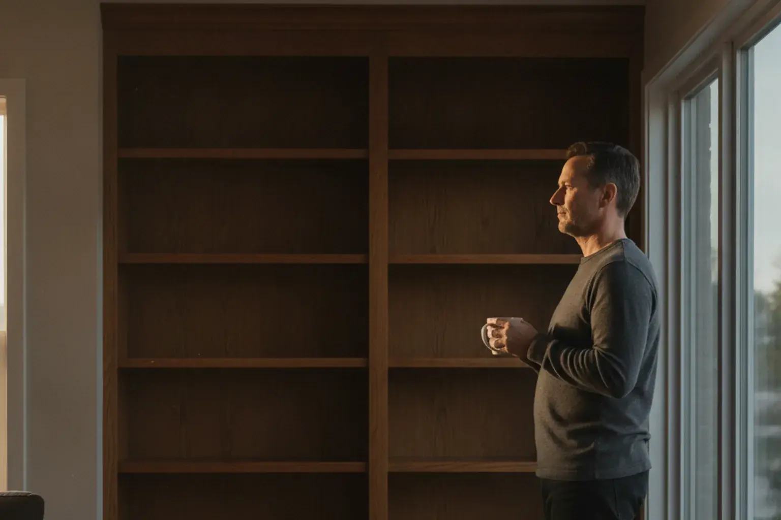 Mann Anfang vierzig steht mit einer Tasse am Wohnzimmerfenster, hinter ihm ein halb leer geräumtes Bücherregal und zwei verschlossene Kartons