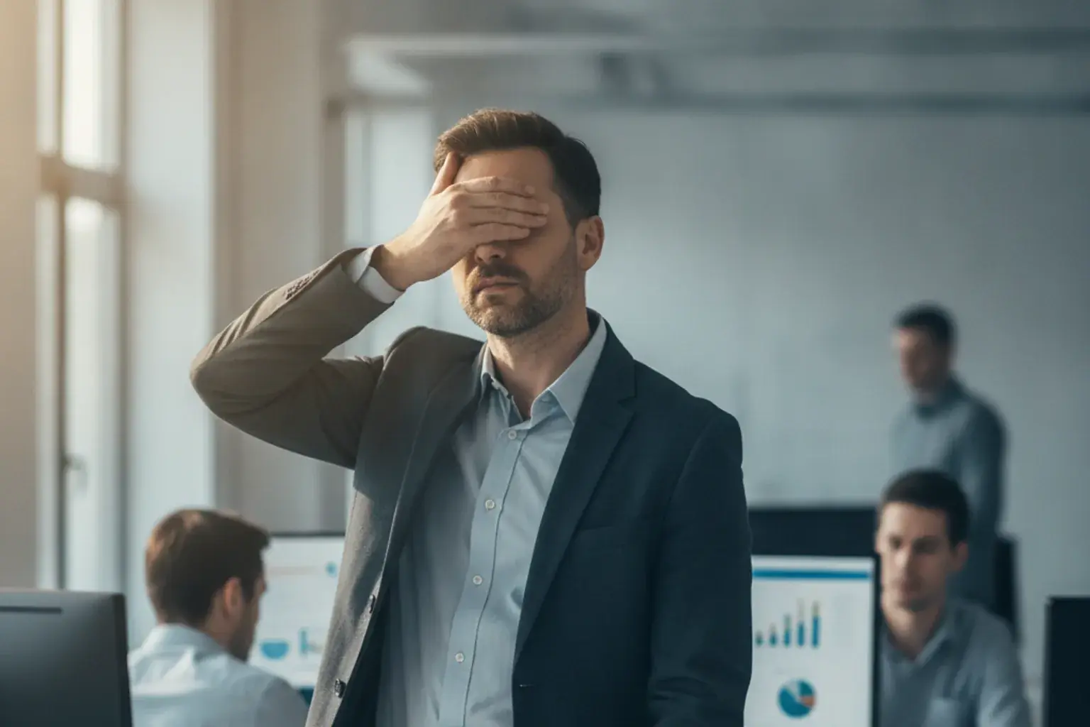 Eine Person atmet gefasst durch, während sie kurz die Augen bedeckt