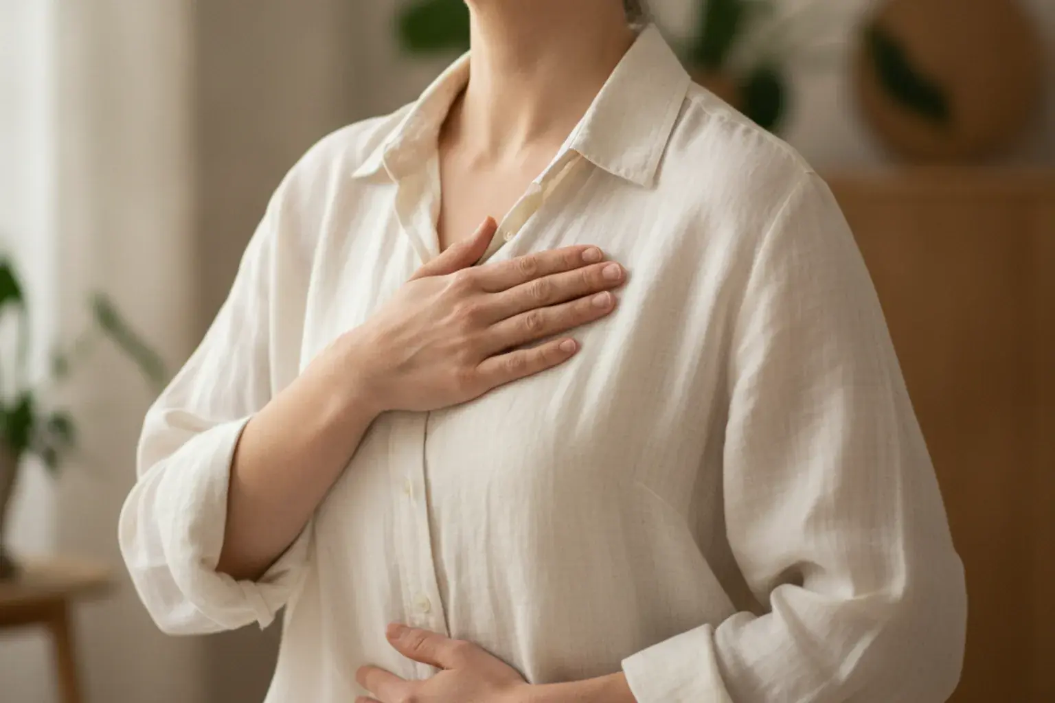 Eine Person übt mit einer Hand auf dem Bauch bewusste Bauchatmung
