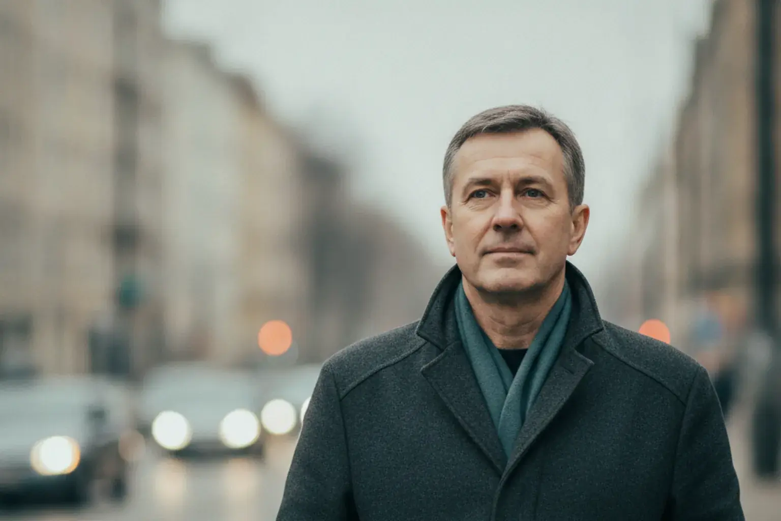 Mann steht wartend an einer Straße, Hände in den Manteltaschen, Blick ruhig geradeaus, im Hintergrund eine unscharfe Stadtszene mit Verkehr