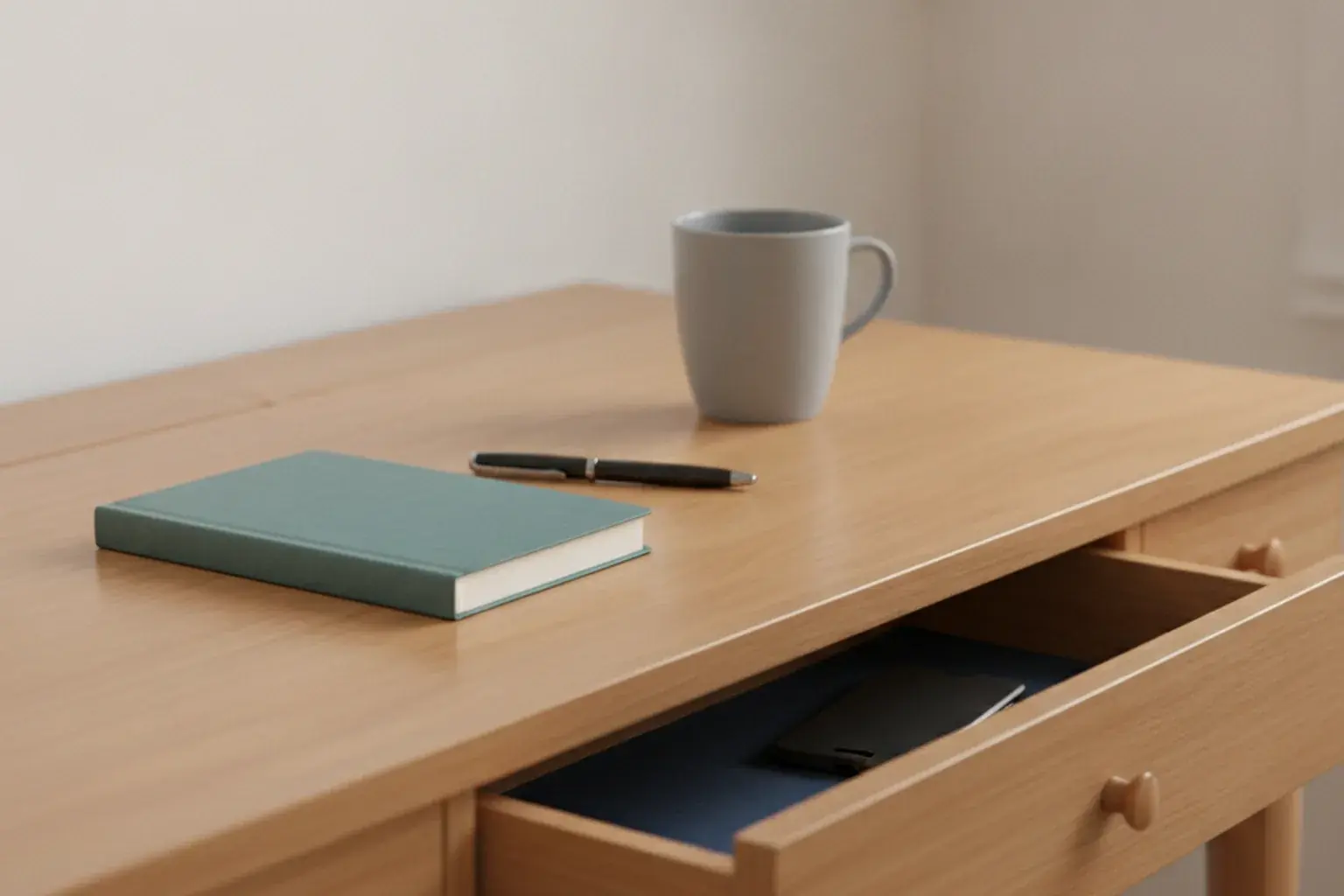 Aufgeräumter Schreibtisch mit Notizbuch und Tasse, das Smartphone liegt mit dem Display nach unten in einer Schublade daneben