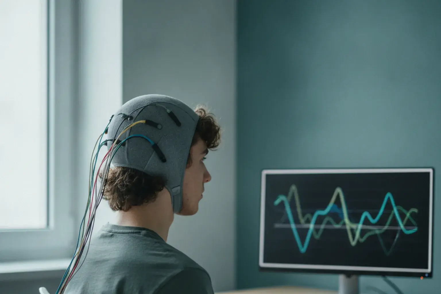 Person mit EEG-Haube und Elektroden sitzt vor einem Bildschirm, im Hintergrund unscharf eine Kurvendarstellung