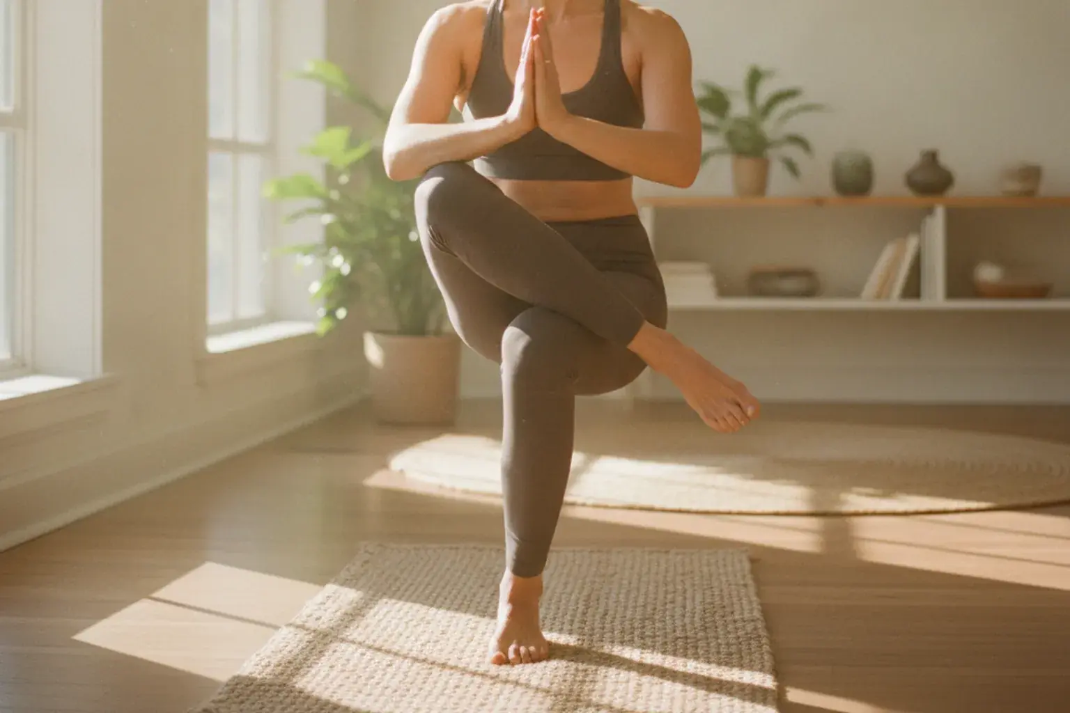 Eine Person übt bei Morgenlicht ruhig und ausgeglichen eine Yoga-Haltung