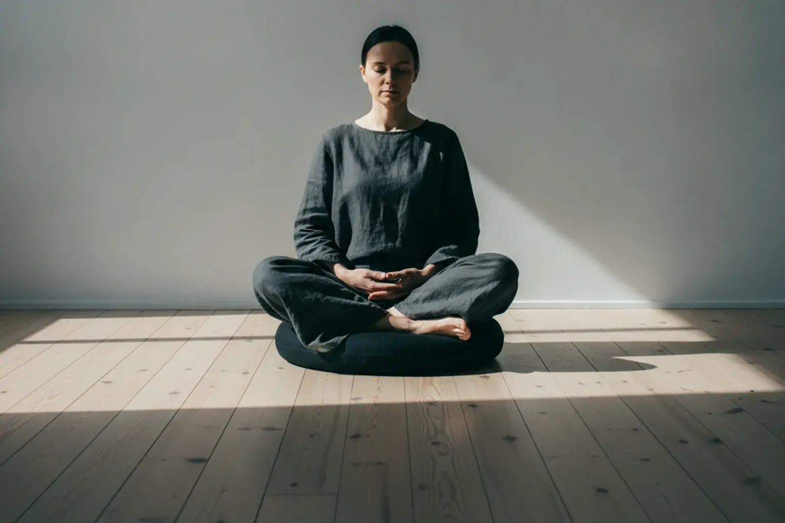 Person sitzt aufrecht auf einem runden Meditationskissen in einem leeren Raum mit heller Wand, Beine gekreuzt, Hände im Schoß übereinandergelegt