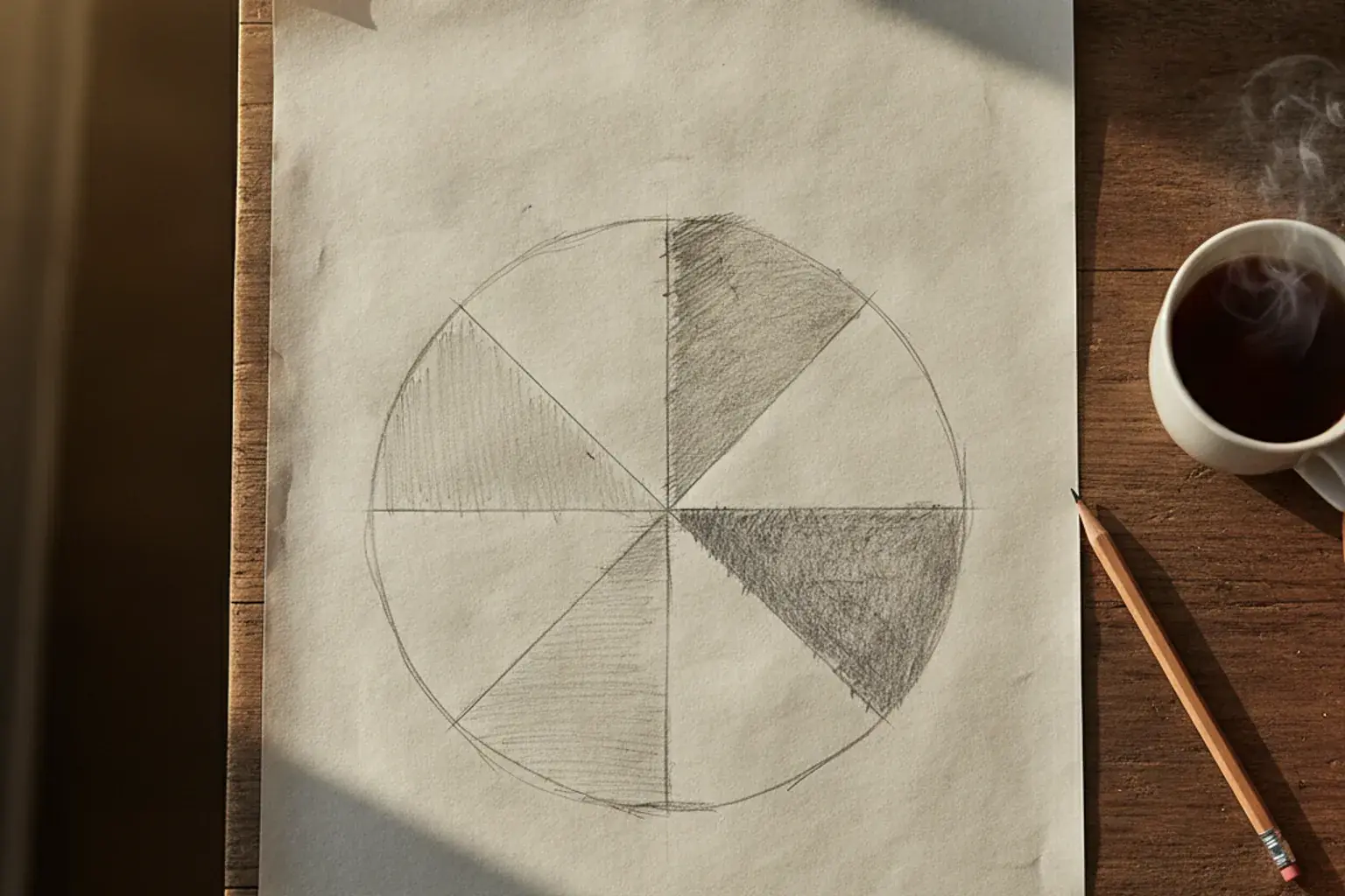 Handgezeichneter Kreis mit Tortensegmenten auf einem Blatt Papier, einzelne Segmente unterschiedlich stark ausgemalt, daneben Bleistift und Tasse