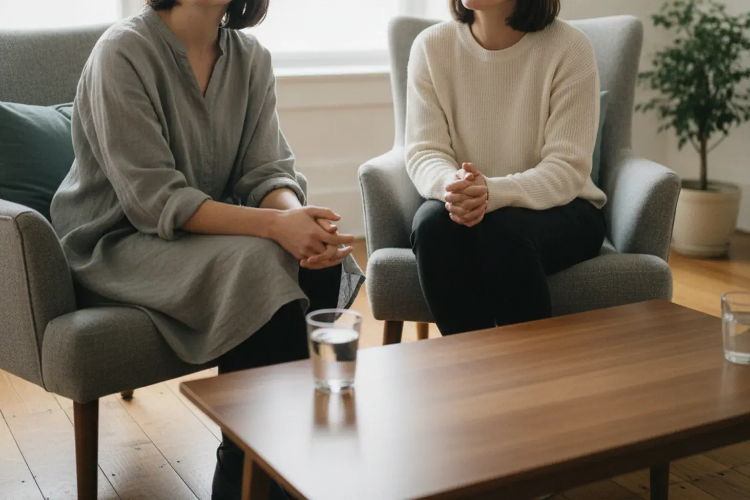 Zwei Frauen sitzen einander in Sesseln in einem hellen Beratungsraum gegenüber, eine spricht, die andere blickt nachdenklich zur Seite