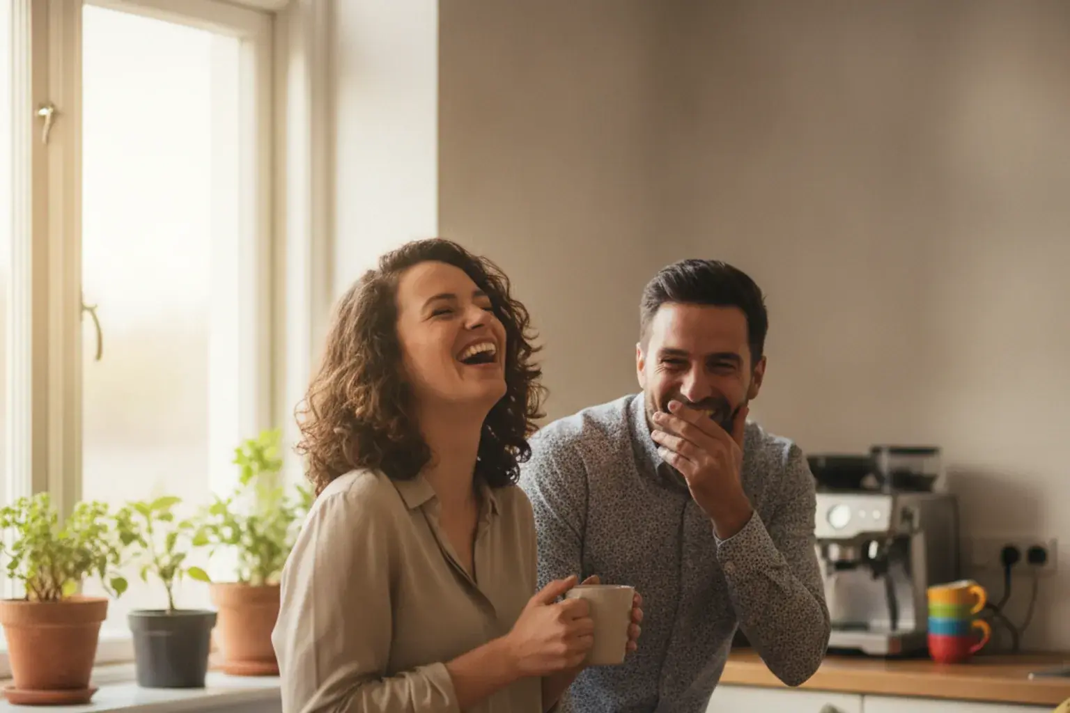 Zwei Kolleginnen lachen gemeinsam in einer Büroküche