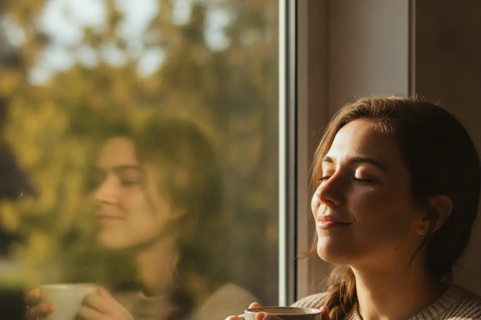 Eine Person genießt mit geschlossenen Augen eine kurze Pause mit einer Tasse Kaffee am Fenster
