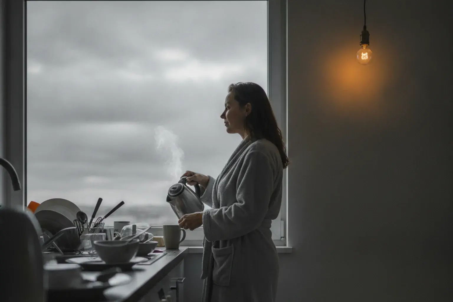 Frau im Bademantel gießt am frühen Morgen in einer gewöhnlichen Küche Wasser in eine Tasse und schaut aus dem Fenster