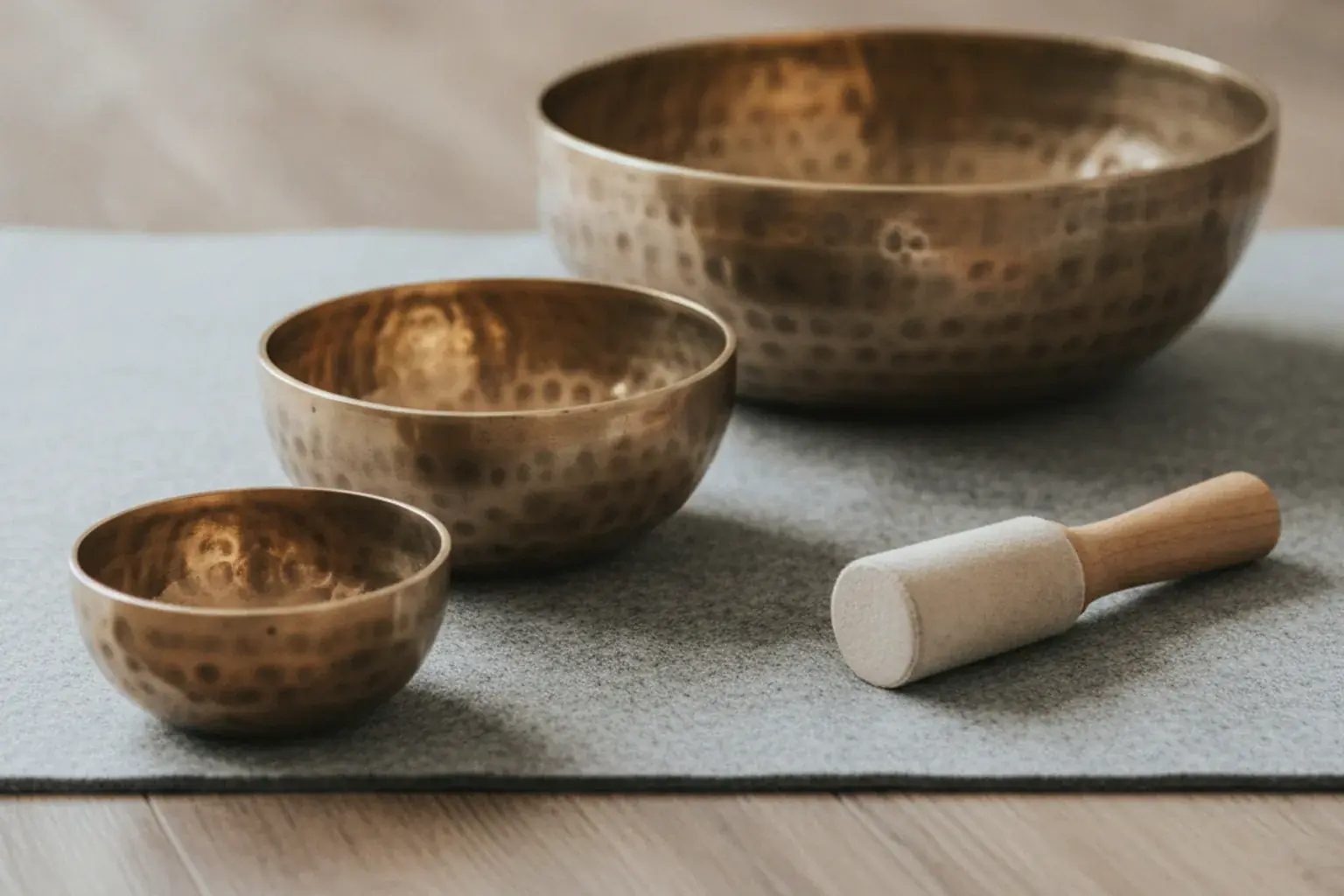 Drei Metallklangschalen unterschiedlicher Größe stehen mit einem Holzklöppel auf einem Filzteppich